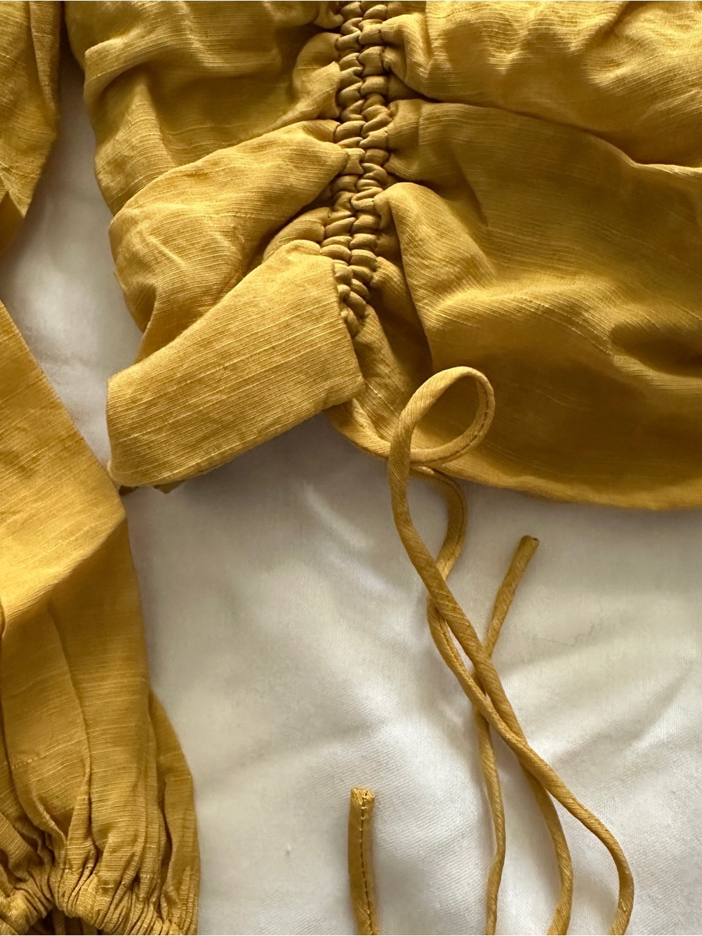Mustard Drawstring Ruched Puff-Sleeve Crop Top - Picture 3 of 6